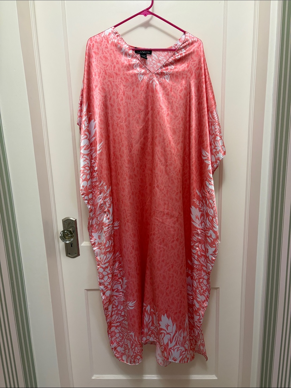 Midnight Velvet Coral Pink Satin Caftan with White Floral Border